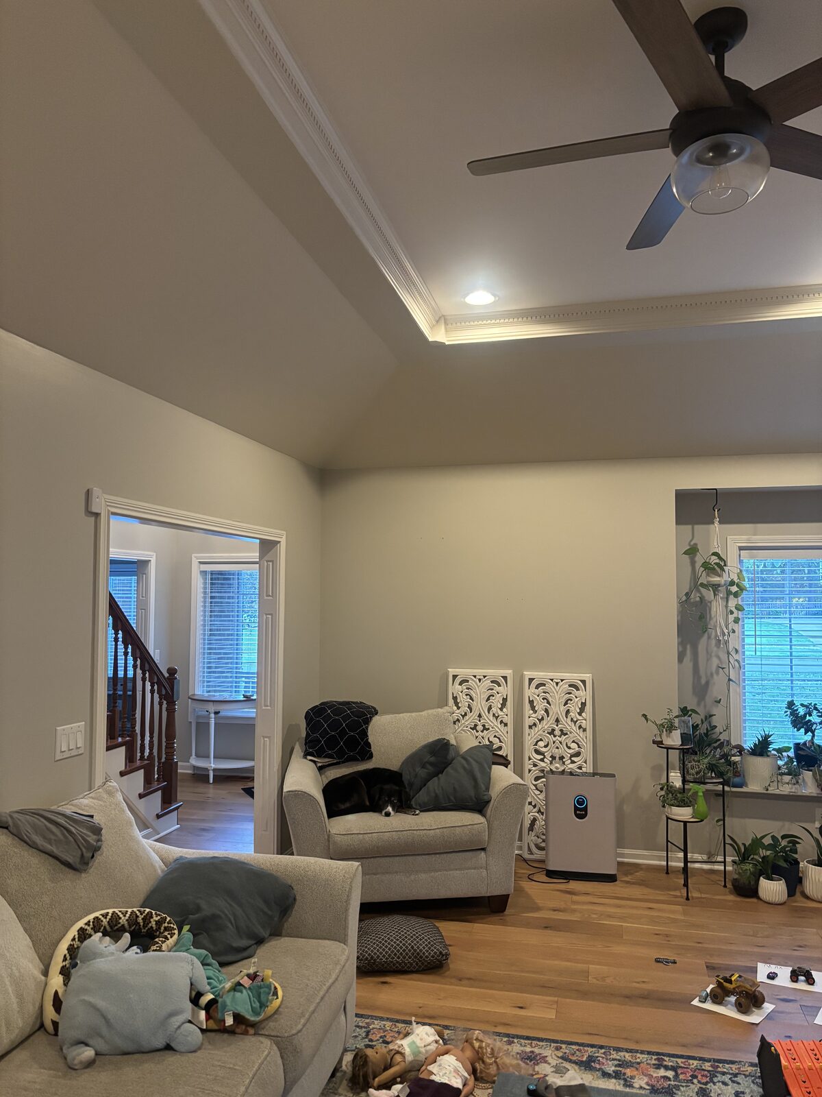 Living room with vaulted tray ceiling after interior painting in Plum Lake, Sellersburg IN